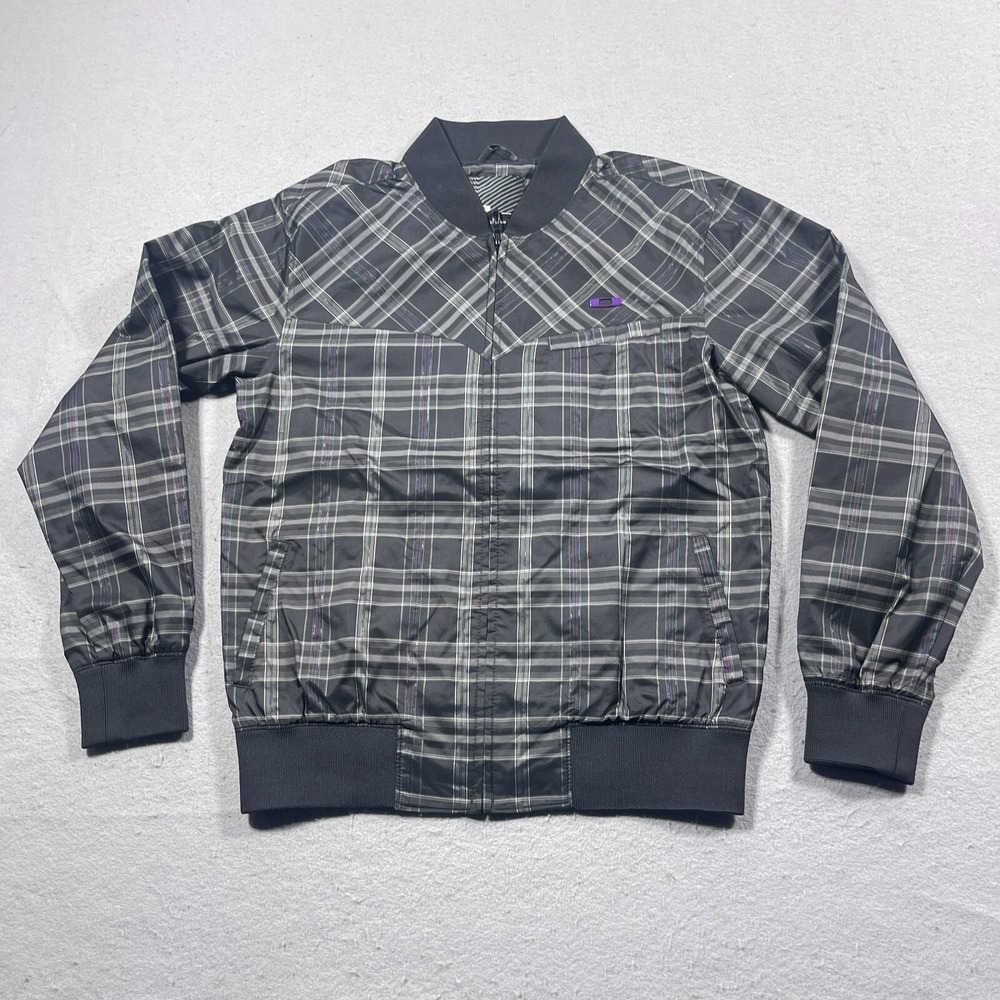 Oakley Plaid Bomber Jacket Men Small Full Zip Black Gray Streetwear Casual